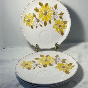 Vintage Tera Stone Daisy  Snack Plate Yellow and Brown Set of 4